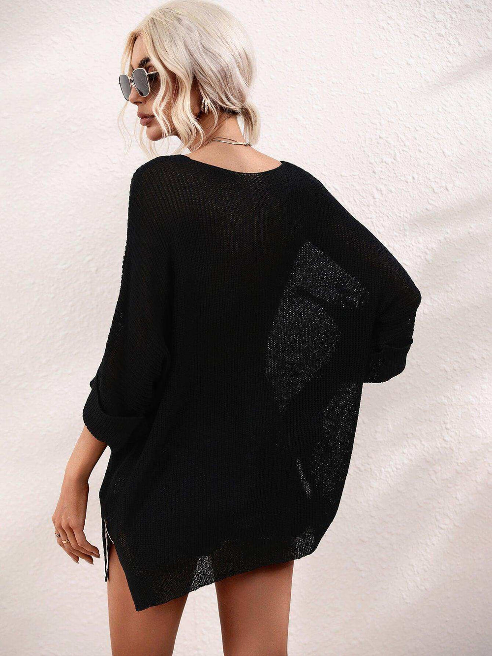 Boat Neck Cuffed Sleeve Slit Tunic Knit Top - Trendsi - Flyclothing LLC