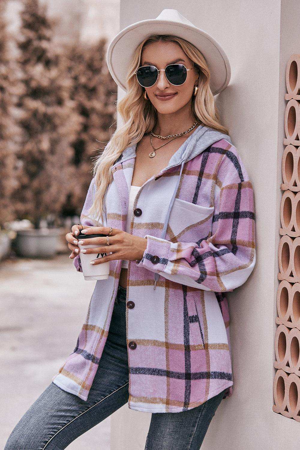 Plaid Dropped Shoulder Hooded Jacket - Trendsi - Flyclothing LLC
