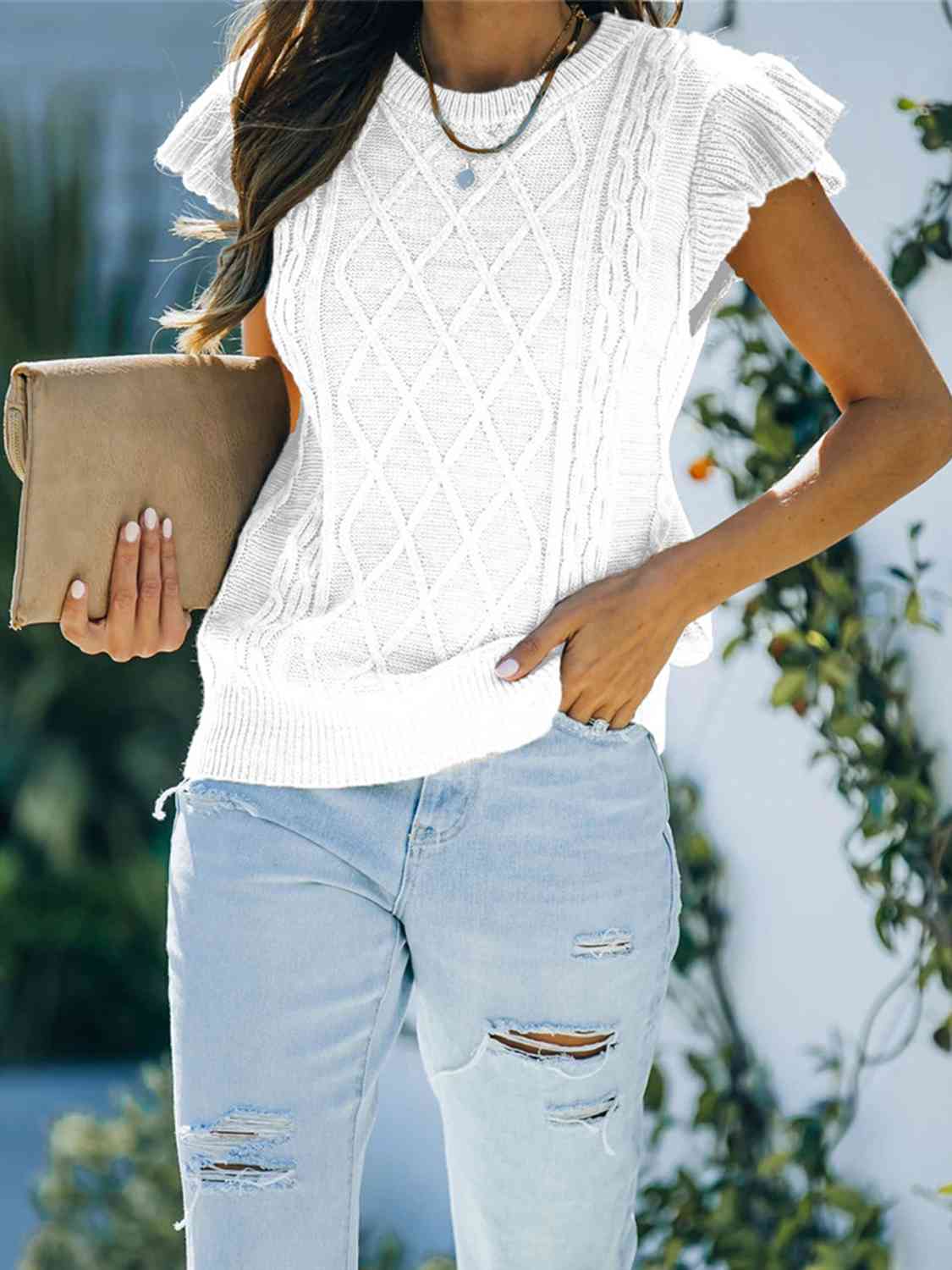 Round Neck Cap Sleeve Sweater - Trendsi - Flyclothing LLC