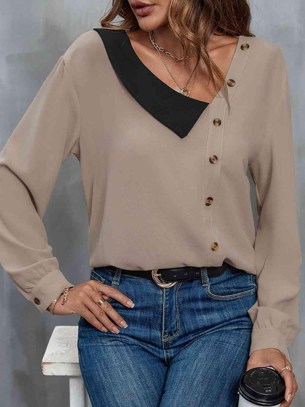 Asymmetrical Neck Buttoned Long Sleeve Top - Trendsi