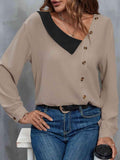 Asymmetrical Neck Buttoned Long Sleeve Top - Trendsi