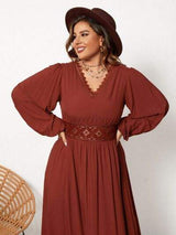 Plus Size Lace Detail V-Neck Balloon Sleeve Dress - Trendsi - Flyclothing LLC