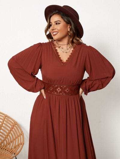 Plus Size Lace Detail V-Neck Balloon Sleeve Dress - Trendsi - Flyclothing LLC