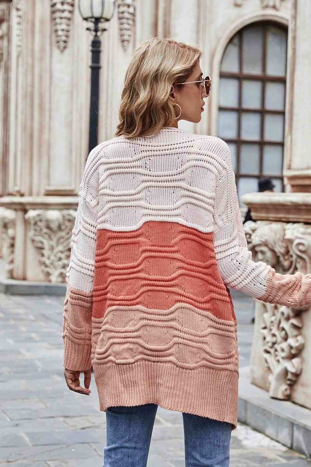 Color Block Openwork Open Front Cardigan - Trendsi - Flyclothing LLC