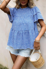 Ditsy Floral Layered Flutter Sleeve Blouse - Trendsi - Flyclothing LLC
