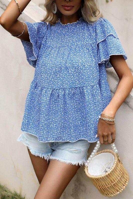 Ditsy Floral Layered Flutter Sleeve Blouse - Trendsi - Flyclothing LLC