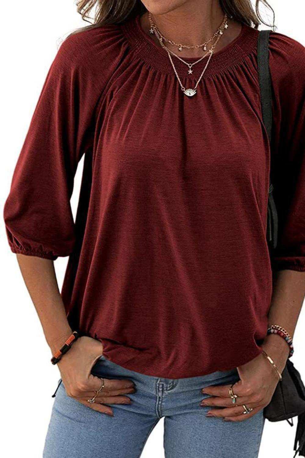 Gathered Detail Round Neck T-Shirt - Trendsi - Flyclothing LLC