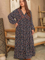 Plus Size Printed V-Neck Balloon Sleeve Dress - Trendsi - Flyclothing LLC