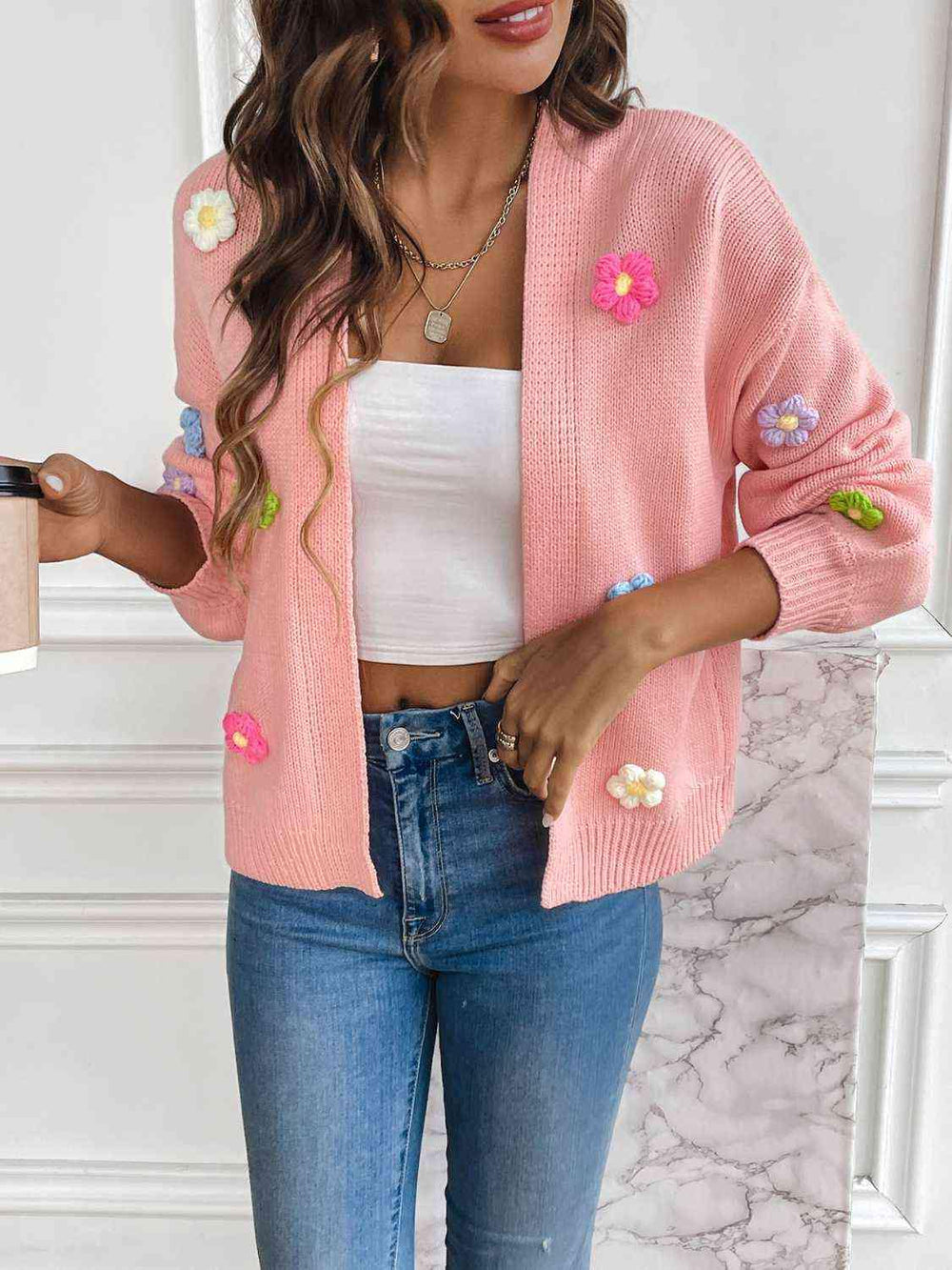 Floral Long Sleeve Open Front Cardigan - Trendsi