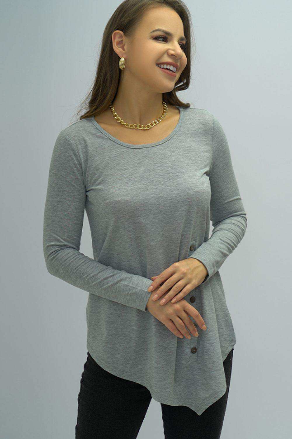 Buttoned Long Sleeve Round Neck Tee - Trendsi - Flyclothing LLC