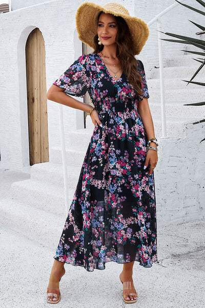 Smocked Floral V-Neck Short Sleeve Dress - Trendsi - Flyclothing LLC