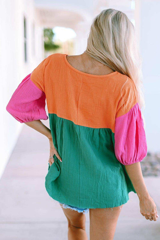 Color Block V-Neck Babydoll Blouse - Trendsi - Flyclothing LLC