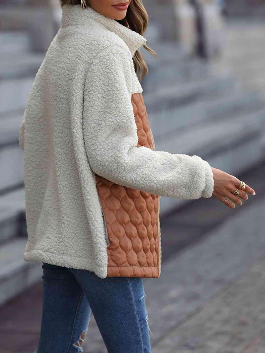 Leopard Color Block Zip-Up Jacket - Trendsi