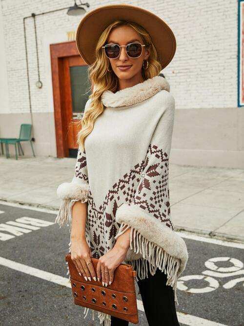 Fringe Geometric Cape Sleeve Poncho - Trendsi - Flyclothing LLC