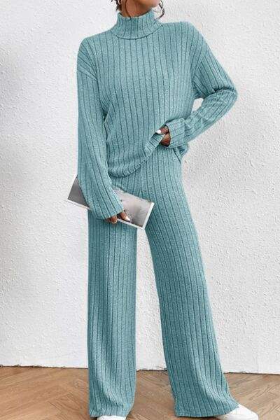 Mock Neck Dropped Shoulder Top and Pants Set - Trendsi - Flyclothing LLC