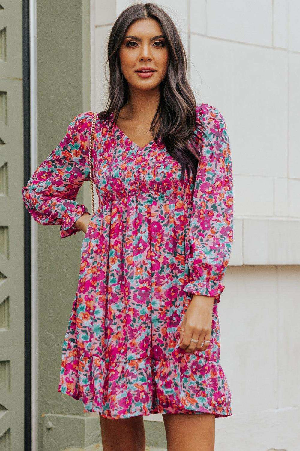 Floral Smocked V-Neck Flounce Sleeve Dress - Trendsi - Flyclothing LLC