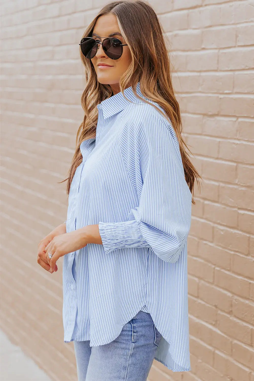 Striped Lantern Sleeve Collared Shirt - Trendsi - Flyclothing LLC
