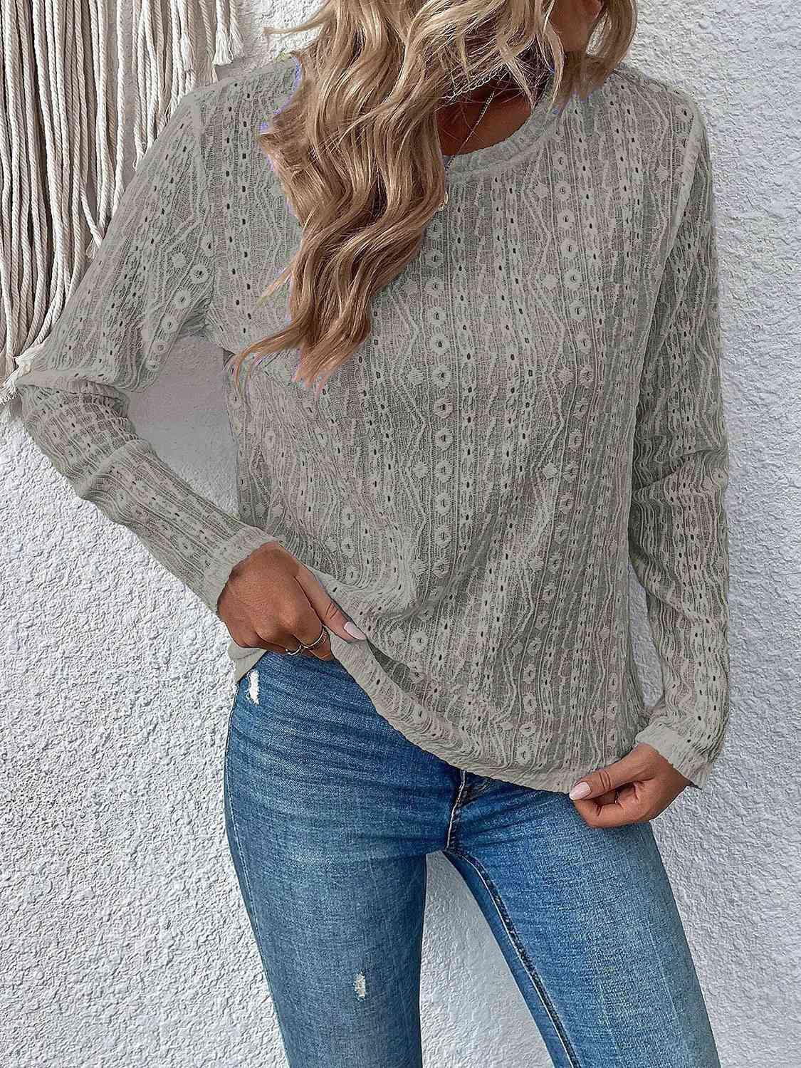Eyelet Round Neck Long Sleeve Top - Trendsi