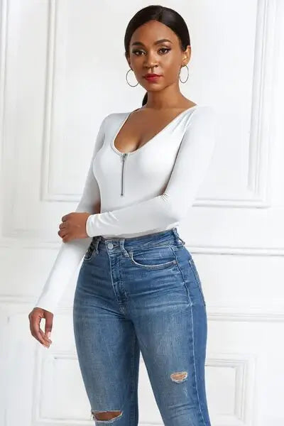 Half Zip Scoop Neck Long Sleeve Bodysuit - Trendsi - Flyclothing LLC