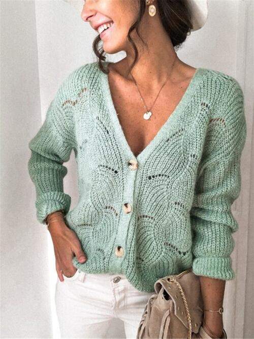 Openwork Button Up Long Sleeve Cardigan - Trendsi - Flyclothing LLC