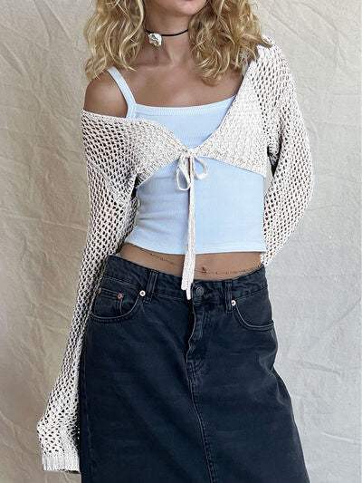 Openwork Tied Dropped Shoulder Cardigan - Trendsi - Flyclothing LLC