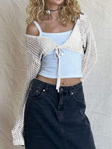 Openwork Tied Dropped Shoulder Cardigan - Trendsi - Flyclothing LLC