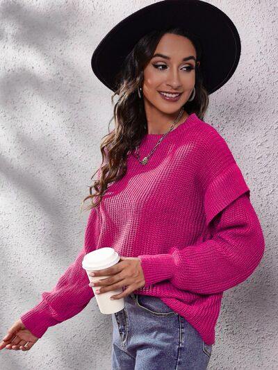 Ruffled Round Neck Dropped Shoulder Sweater - Trendsi
