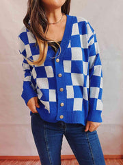 Checkered Open Front Button Up Cardigan - Trendsi