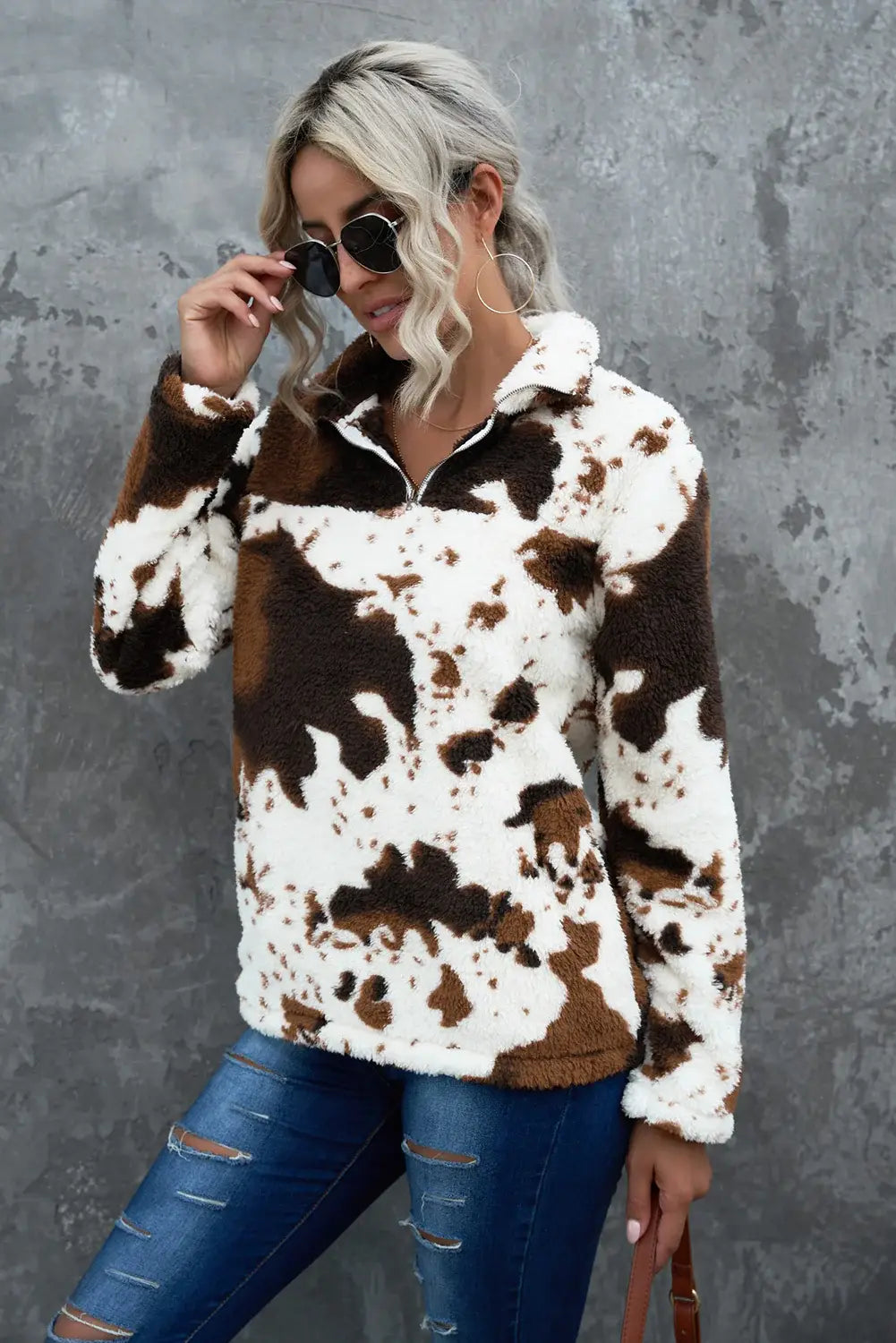 Quarter-Zip Long Sleeve Teddy Sweatshirt - Trendsi - Flyclothing LLC