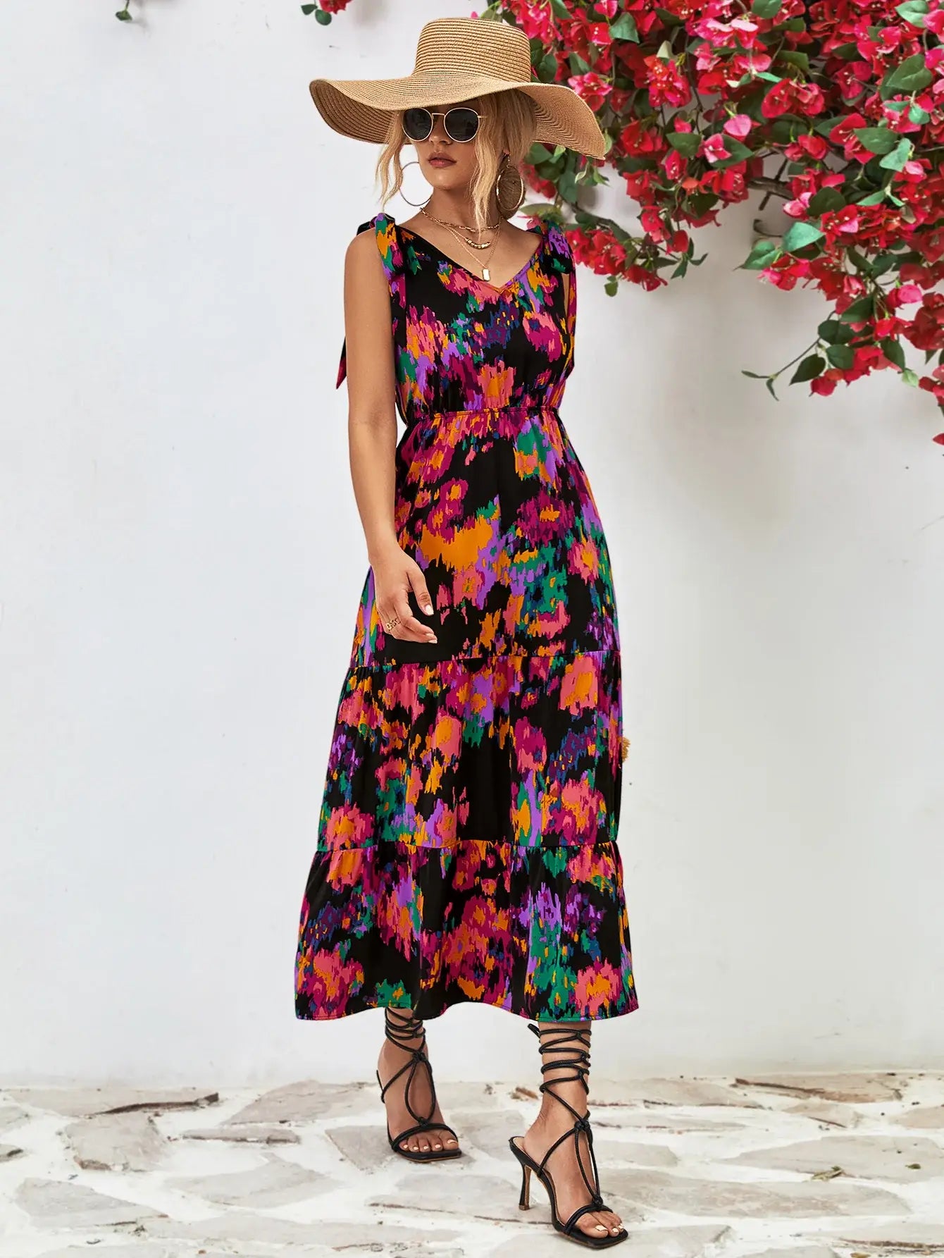Multicolored V-Neck Backless Midi Dress - Trendsi - Flyclothing LLC
