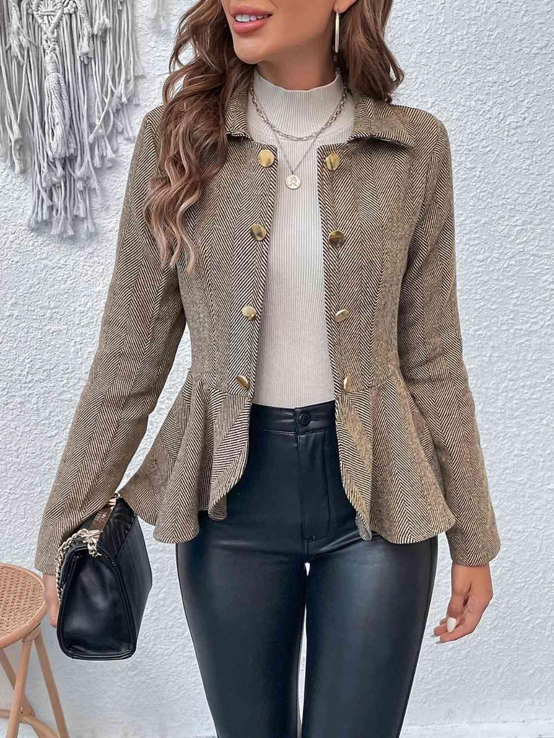 Ruffle Hem Collared Blazer - Trendsi