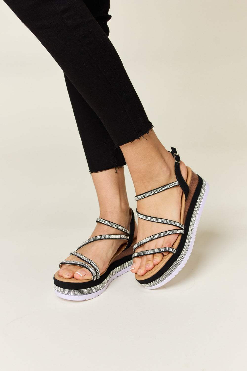 Forever Link Rhinestone Strappy Wedge Sandals - Trendsi - Flyclothing LLC