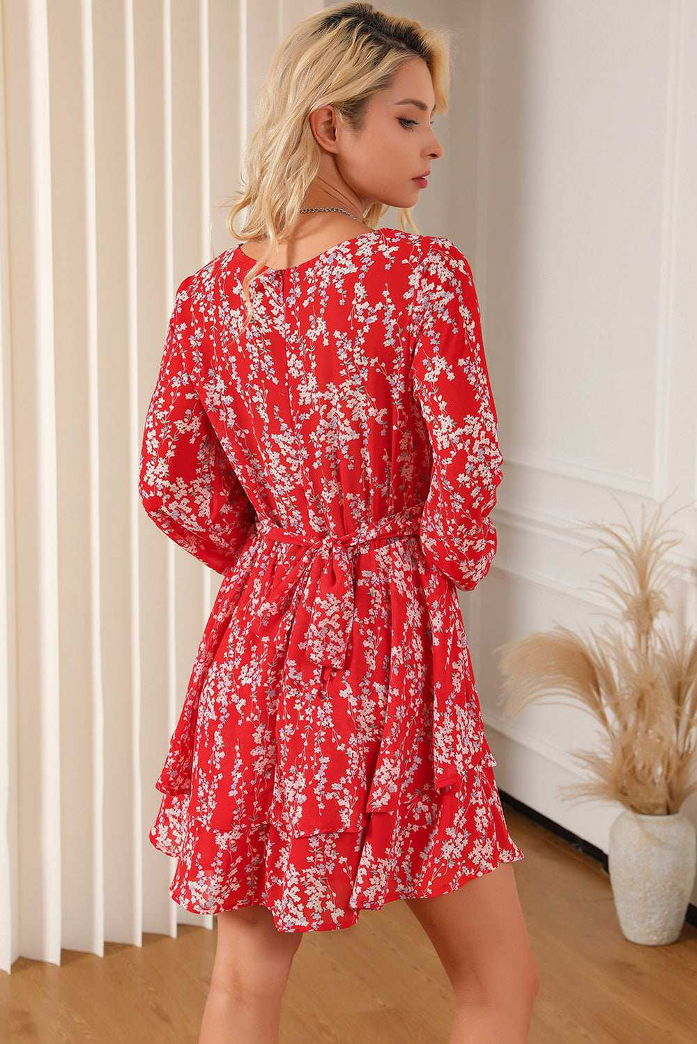 Printed Surplice Balloon Sleeve Layered Dress - Trendsi - Flyclothing LLC
