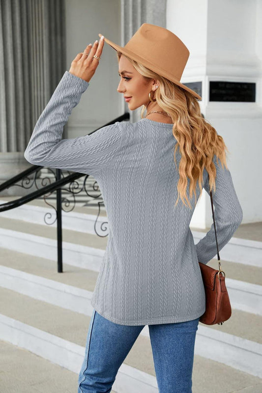 Cable-Knit Long Sleeve V-Neck T-Shirt - Trendsi