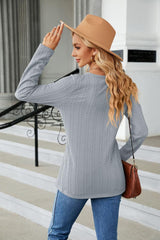 Cable-Knit Long Sleeve V-Neck T-Shirt - Trendsi