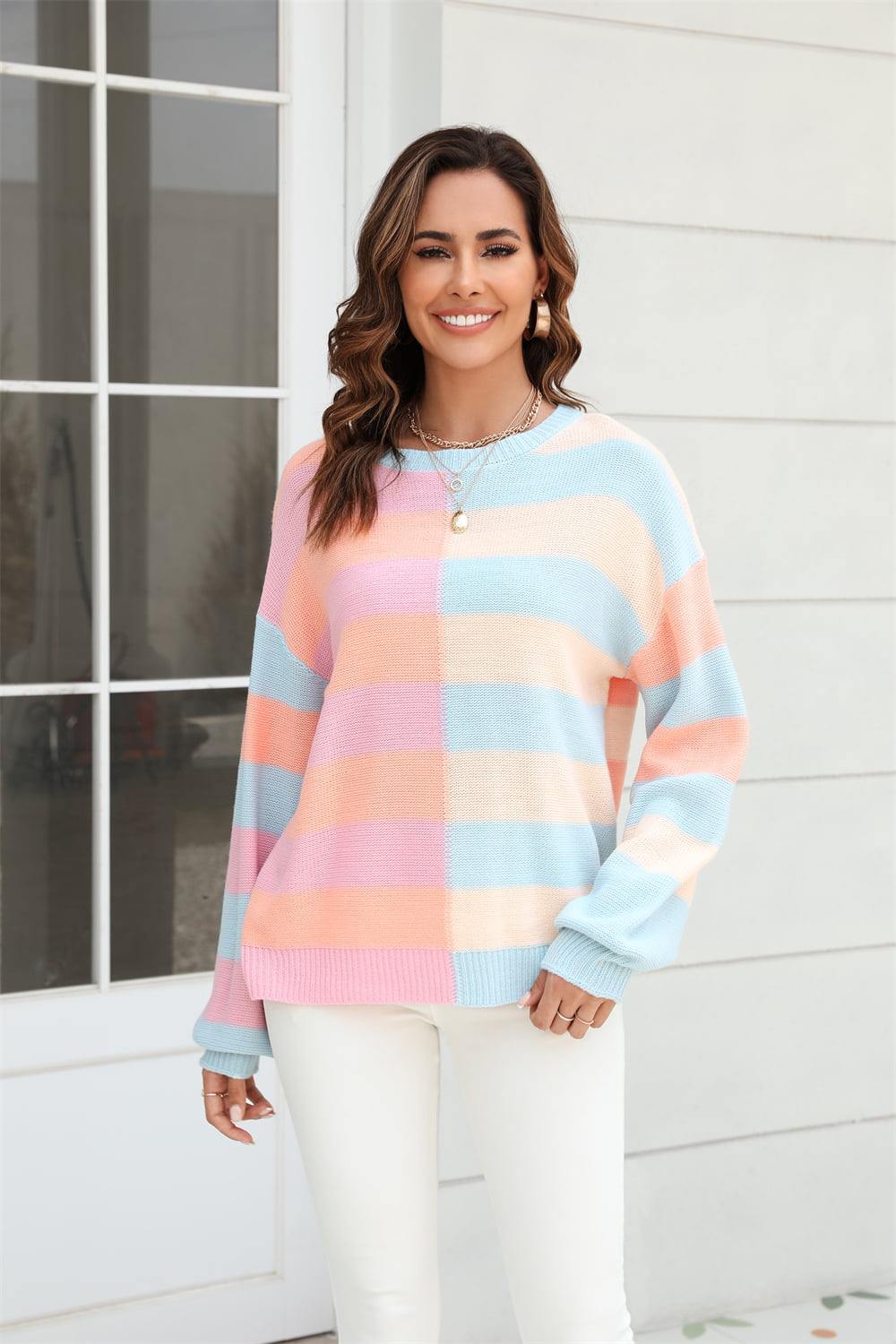 Round Neck Long Sleeve Color Block Dropped Shoulder Pullover Sweater - Trendsi