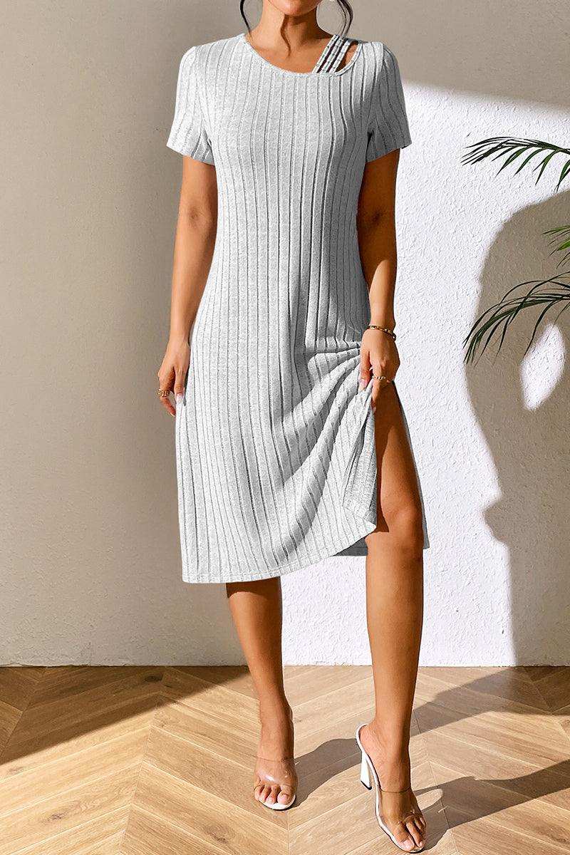 Ribbed Asymmetrical Neck Short Sleeve Dress - Trendsi - Flyclothing LLC