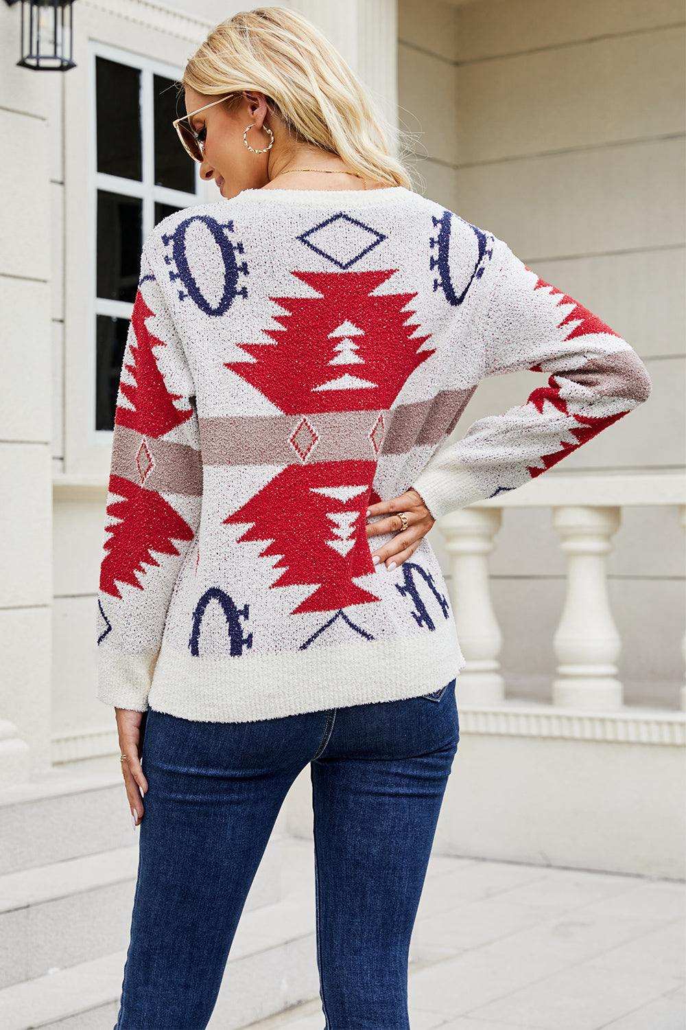 Printed Round Neck Long Sleeve Sweater - Trendsi - Flyclothing LLC