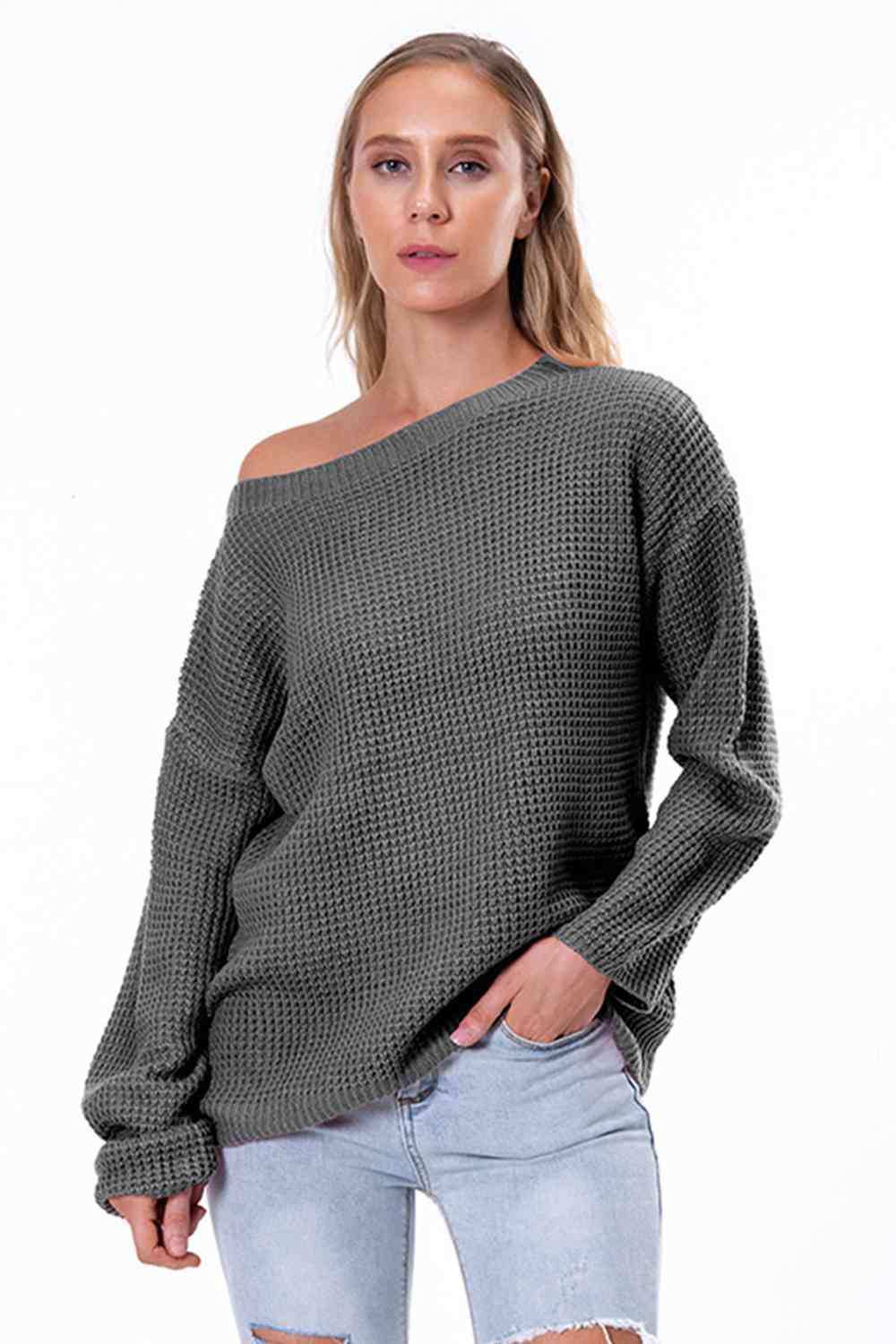 Boat Neck Drop Shoulder Long Sleeve Sweater - Trendsi - Flyclothing LLC