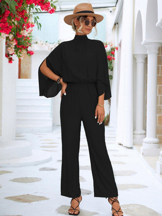 Tie Back Mock Neck Split Sleeve Jumpsuit - Trendsi
