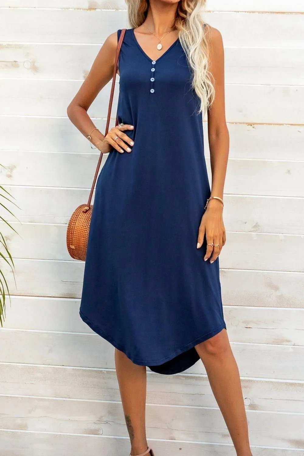 Buttoned V-Neck Curved Hem Sleeveless Dress - Trendsi - Flyclothing LLC