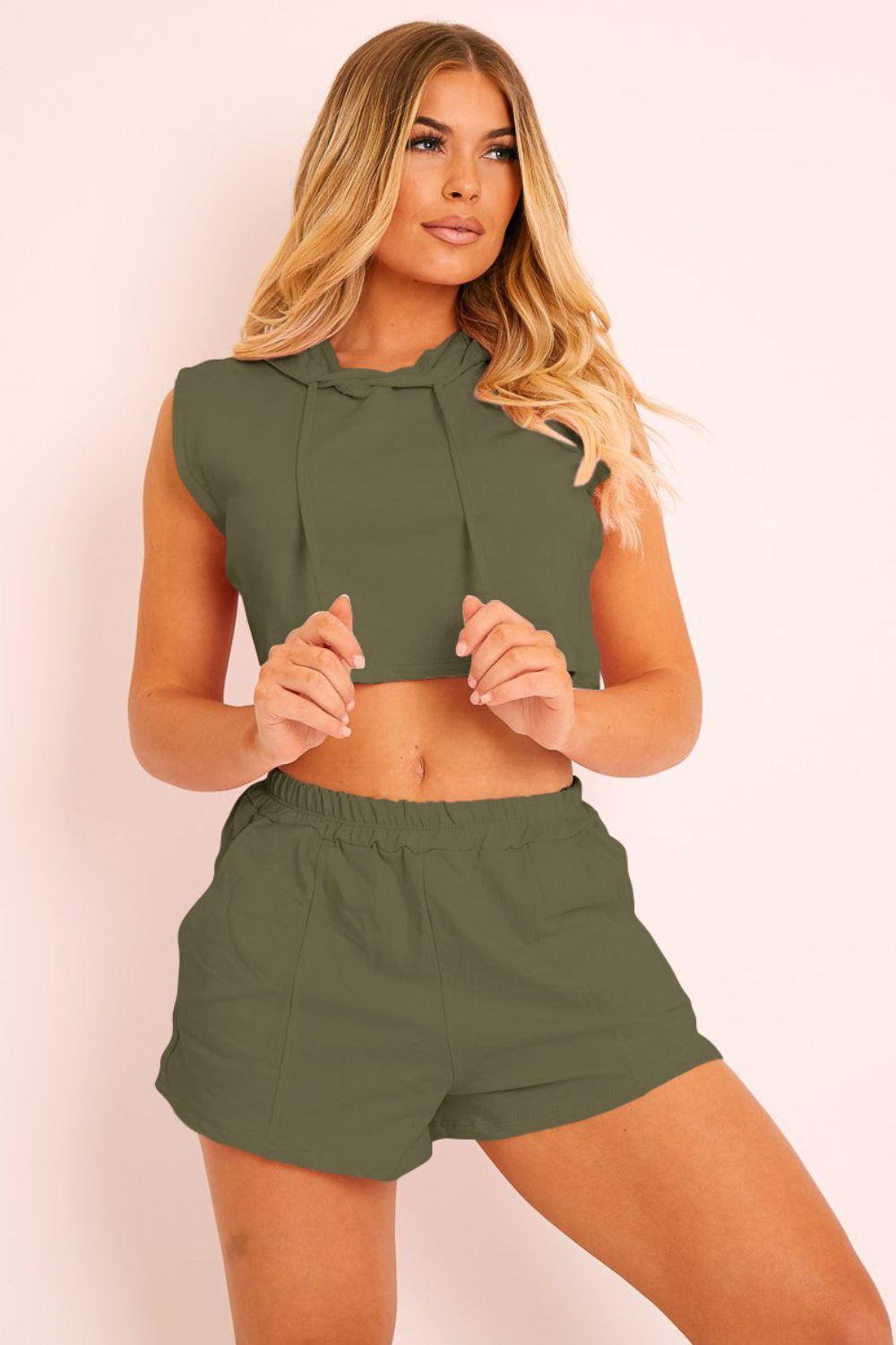 Hooded Crop Top & Pocketed Shorts Set - Flyclothing LLC