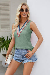 Contrast V-Neck Eyelet Tank - Trendsi - Flyclothing LLC
