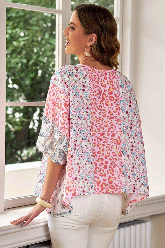 Mixed Print V-Neck Blouse - Trendsi - Flyclothing LLC