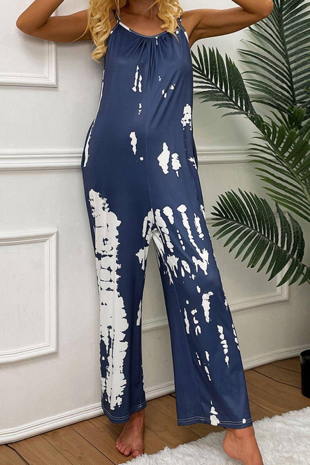 Tie-Dye Spaghetti Strap Jumpsuit with Pockets - Flyclothing LLC
