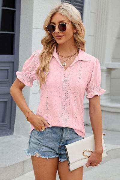 Eyelet Johnny Collar Short Sleeve Blouse - Trendsi - Flyclothing LLC