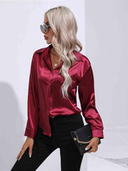 Collared Neck Buttoned Long Sleeve Shirt - Trendsi