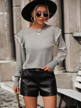 Round Neck Ruffle Trim Long Sleeve Pullover Sweater - Trendsi - Flyclothing LLC