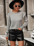 Round Neck Ruffle Trim Long Sleeve Pullover Sweater - Trendsi