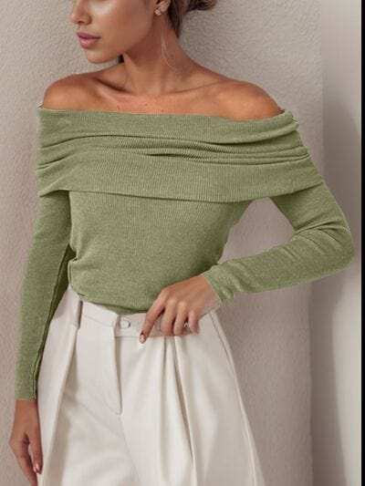 Off-Shoulder Long Sleeve Sweater - Trendsi - Flyclothing LLC